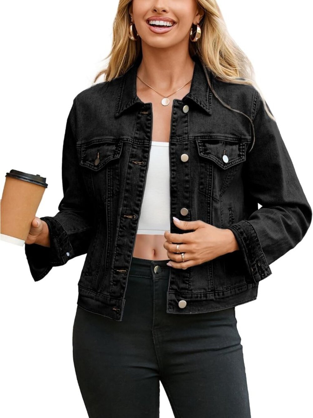 Women's Black Basic Trendy Long Sleeve Denim Jackets Button Down With Pockets